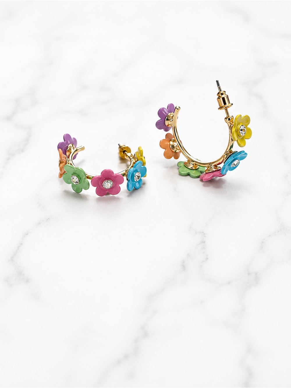 Gold Tone Colorful Flower Hoop Earrings Rhinestone Floral